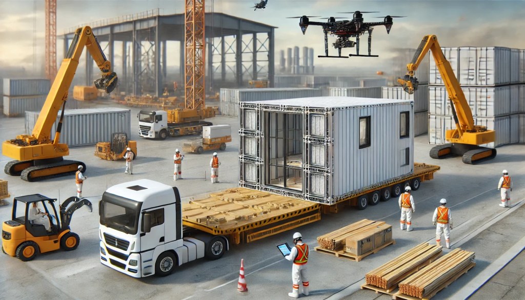 DALL·E 2024-07-29 15.27.19 - A realistic scene of a modern construction site. The scene includes a prefabricated module ready for assembly, construction robots and automated machi